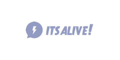 A blue and white logo for its alive