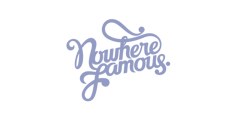 A purple logo with the words " nowhere famous ".
