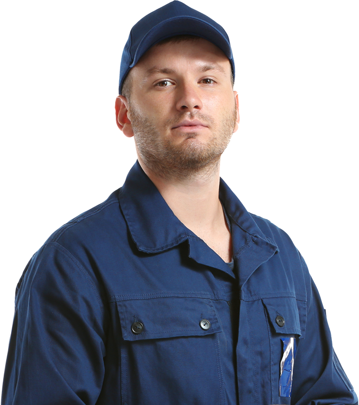 A man in blue work clothes and a cap.